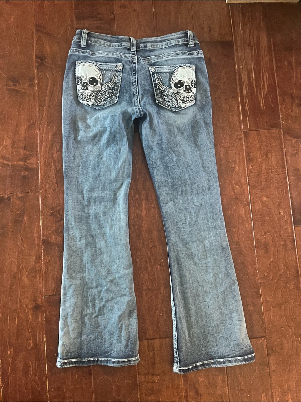 Women's Light Blue Bootcut Jeans with Skull Pocket Embroidery